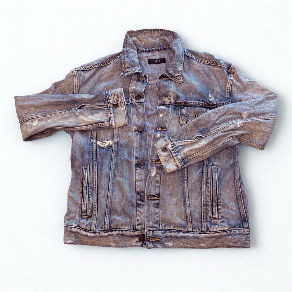Able Merly Distressed Denim Jacket Women's XL Normcore Classic